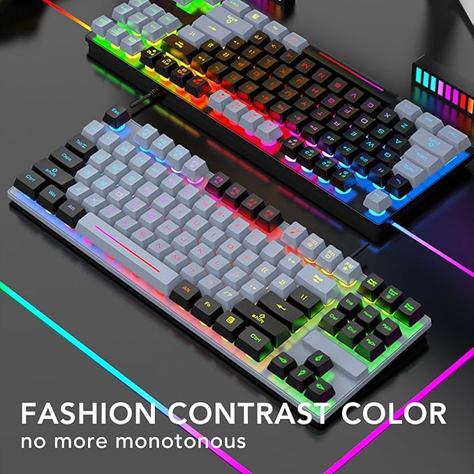 GOWENIC Gaming Keyboard USB Computer Keyboard 87 Keys RGB Backlit Floating Keycaps Dsign Contrast Color Space Saving Wired Keyboard for Desktop Laptop