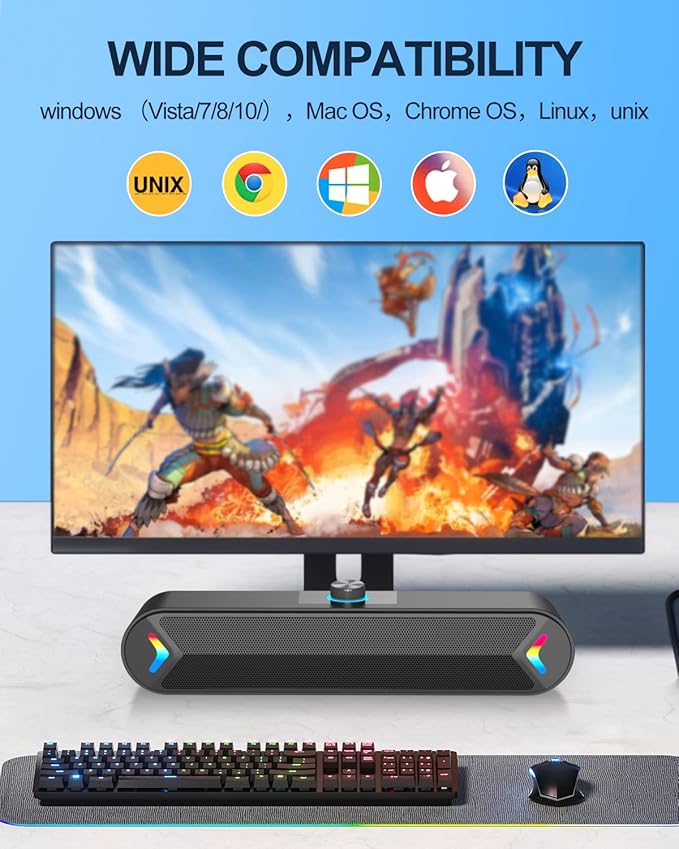 LENRUE Computer Speakers for DesktopPC Speakers with Basic Stereo Sound &amp Colorful Lights Single USB for Both Power and AudioDesktop Laptop Sound Bar Speakers for GamingMoviesMusic