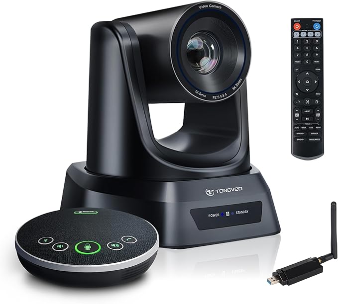 TONGVEO AI Wireless PTZ Camera System with Auto Tracking Built-in Receiver &amp Bluetooth Speakerphone 5.8GHz 1080P 60fps Conference Camera with 3X Optical Zoom for Church Zoom OBS Meetings