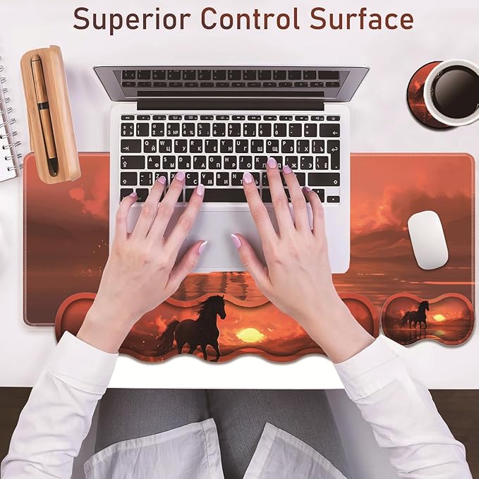 Large Gaming Table Pad 31.5 x 11.8 + Keyboard Wrist Pad + Mouse Wrist Pad + Coaster Non-Slip Base 4-in-1 Set Ergonomic Memory Foam Easy Typing Pain Relief Sunset Horse