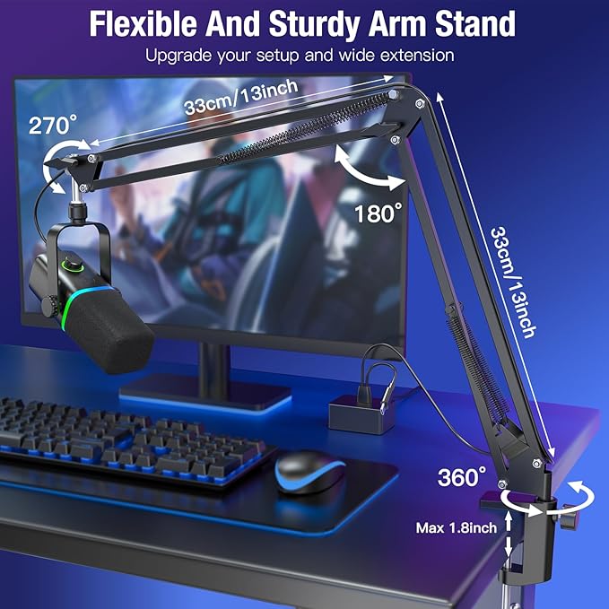 ZealSound XLR/USB Dynamic Microphone for Gaming PodcastMic for iPhone Phone PC Computer Gaming Streaming Microphone with RGB LightMute ButtonMic GainHeadphones JackBoom Arm StandSinging YouTube
