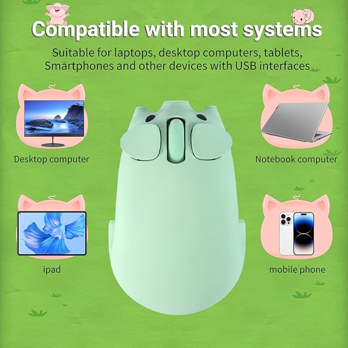 Cute Pig Design Wireless Mouse - Dual Mode Bluetooth &amp USB Silent Operation Ergonomic Ideal for Laptops &amp PCs for Animal Lovers and Family (Green)