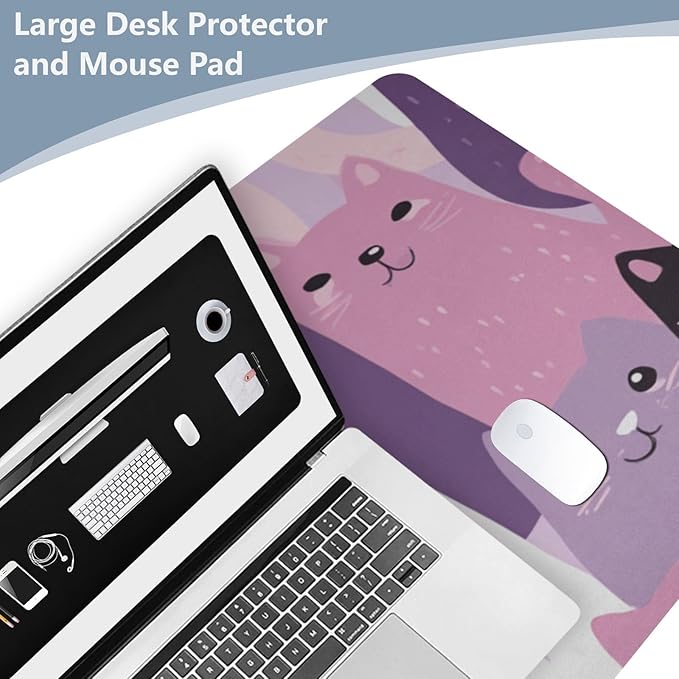 Mouse Pad Desk Mat Leather Desk Pad Large Gaming Desk Cover Protector Mat for Keyboard Computer Laptop Office Waterproof 47.2 x 23.6 Inch Pink and Purple Cats