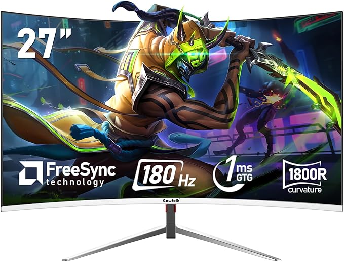 Gawfolk 27 Inch PC Computer Screen1800R Curved Gaming 180Hz Monitors FHD1080p 1ms Without Bezel freesync 98% sRGB178 ° Angle View HDMI DisplayPort Compatible with Wall-Mounted100*100MM-White
