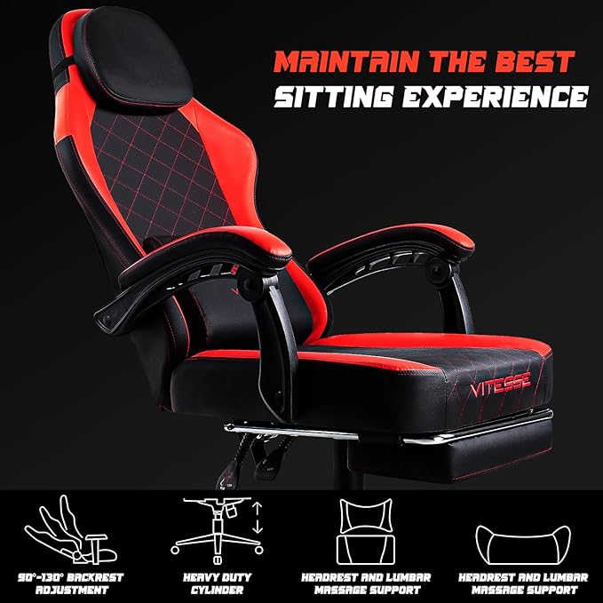 VITESSE Ergonomic Video Gaming Chair for Adults 400 lbs PC Computer Chair Racing Office Chair Silla Gamer Height Adjustable Swivel Chair with Lumbar Vibration Support and Headrest（Red）