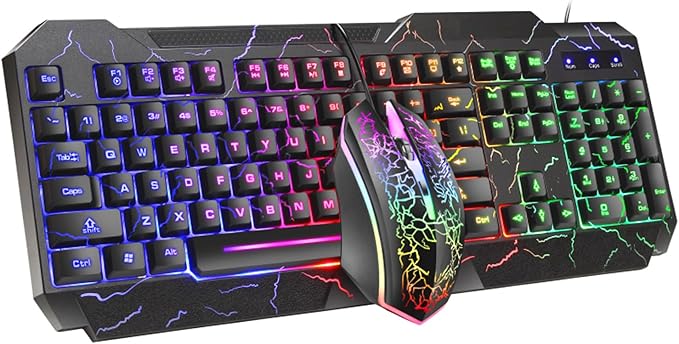 Wired Crack Rainbow Gaming Keyboard and Mouse Combo 104 Keys Light Up Mechanical Feeling Computer Keyboard Wired Gaming Keyboard and Mouse for PC MAC Xbox Gamer(Black)