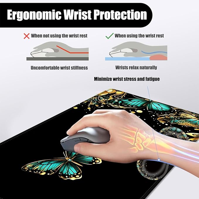 Mouse PadLarge Desk Mat Set 4in1 XL Mousepad + Keyboard Wrist Rest+Mouse Wrist Rest+Coaster with Ergonomic Desk Pad for Home Office Table Computer Cover -Golden Turquoise Butterfly