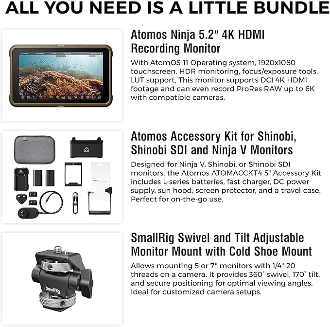 Atomos Ninja 5.2 4K HDMI Recording Monitor 5 Accessory Kit (Version II) for Select Shinobi and Ninja Monitors Swivel and Tilt Adjustable Monitor Mount Bundle Set