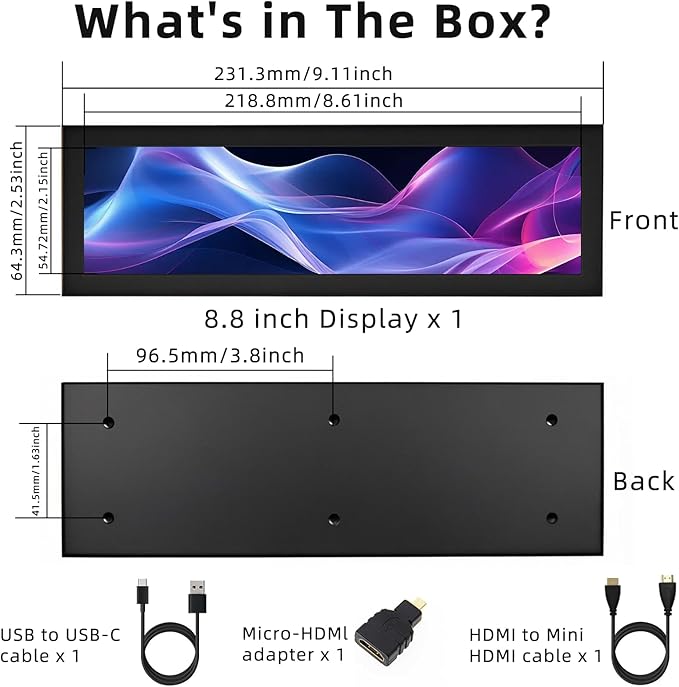 8.8 Inch Mini Monitor 1920x480 Secondary Screen PC Case Screen for Raspberry Pi AIDA64 PC CPU GPU RAM Data Monitor