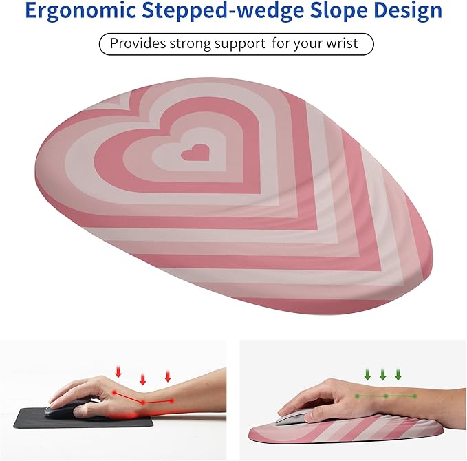 Mouse pad Ergonomic Mouse Pad with Memory Foam Wrist Rest Support and Lycra ClothStepped-Wedge Design Gamepad Mat Rubber Base for Laptop Computer（Pink Heart）