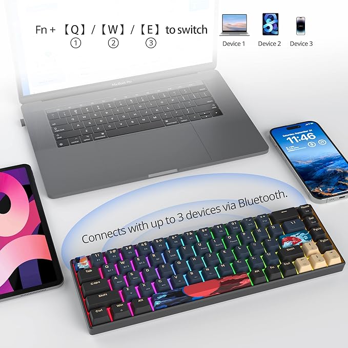 surmen GT68 65% Wireless Mechanical Gaming Keyboard 60 Percent RGB Hot-Swappable 68-Key Compact Keyboard Bluetooth5.0/2.4G/USB with Yellow Switch (Yellow Switch Blue Samurai 68)