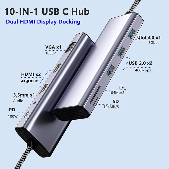 USB C Docking Station Dual Monitor USB C to Dual HDMI Adapter 10 in 1 Docking Station 3 Monitors with HDMI/VGA/PD/USB/SD/TF/3.5mm Audio Compatible with Dell HP Lenovo