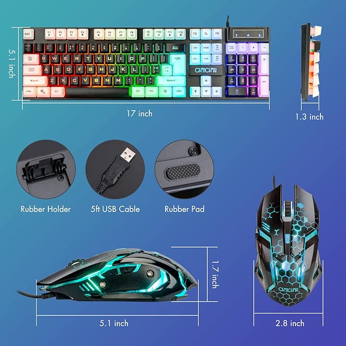 CHONCHOW Light Up Keyboard and Mouse Combo Full Size RGB Gaming LED Keyboard and Rainbow Wired Gaming Mouse for PS4 PS5 Xbox One Computer Desktop PC Gamer Office