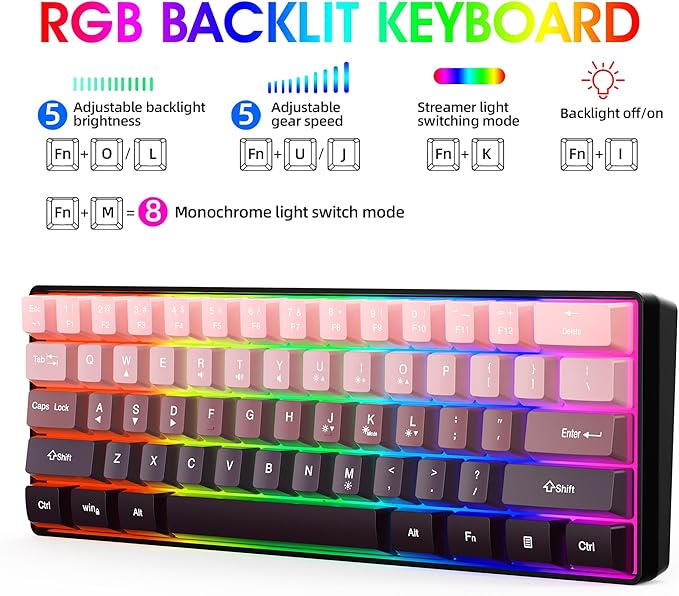 Snpurdiri 60% Wired Gaming Keyboard 61 Keys RGB Backlit Ultra-Compact Small Gaming Keyboard for PC/Mac Gamer Typist Travel Easy to Carry on Business Trip (Pink-Black)