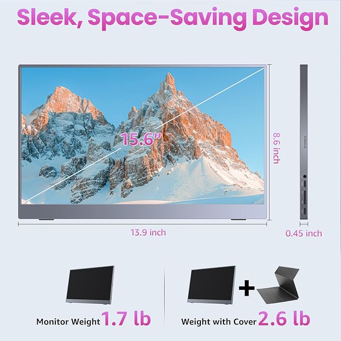 Portable Monitor 15.6 inch 1080P FHD 86% sRGB 60Hz Travel Monitor for Laptop MacBook Surface PC Xbox PS5 HDMI USB-C VESA Compatible Built-in Speaker