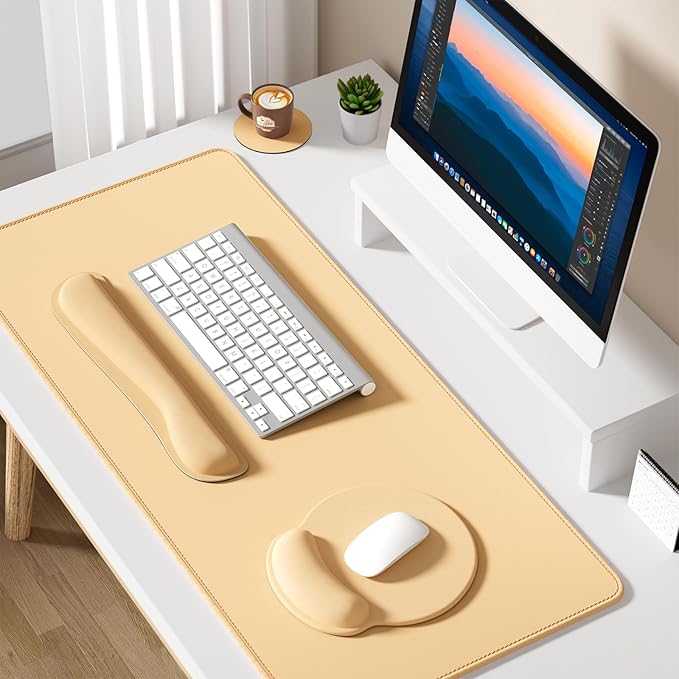 Dapesuom Large Gaming Mouse Pad Mouse Pads with Wrist Rest Wrist Support 4in1 XXL Desk Mat Desk Pad + Ergonomic MousePad + Memory Foam Keyboard Mat Wrist Rest + Coaster Set for ComputerNavajo White