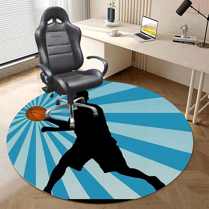 Black Blue PU Leather Round mat Office Chair Mat Hardwood Floor mat Basketball Player Silhouette Round Chair Cushion for Office and Home Decoration Chair Cushion Doodle Style Art Diameter 47.2 in