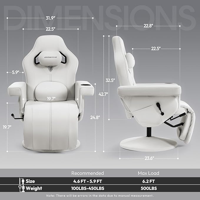 Dowinx Racing Style Gaming Recliner Chair with Massage Lumbar Support Footrest Cup Holder Side Pouch High Back Ergonomic Video Game Chair Reclining No Wheels Heavy Duty Leather White