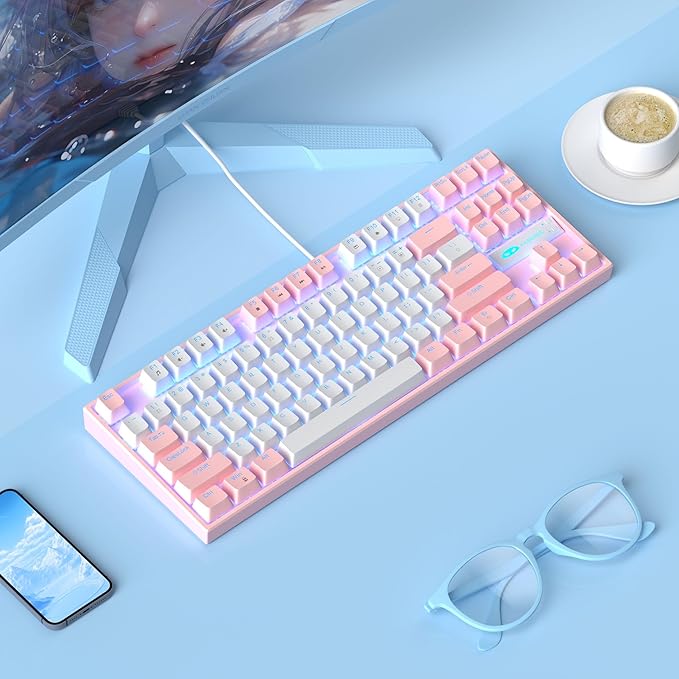 MageGee 75% Mechanical Gaming Keyboard Red Switch LED Blue Backlit 87 Keys Compact TKL Wired Computer Keyboards for Windows Laptop PC Gamer - White/Pink