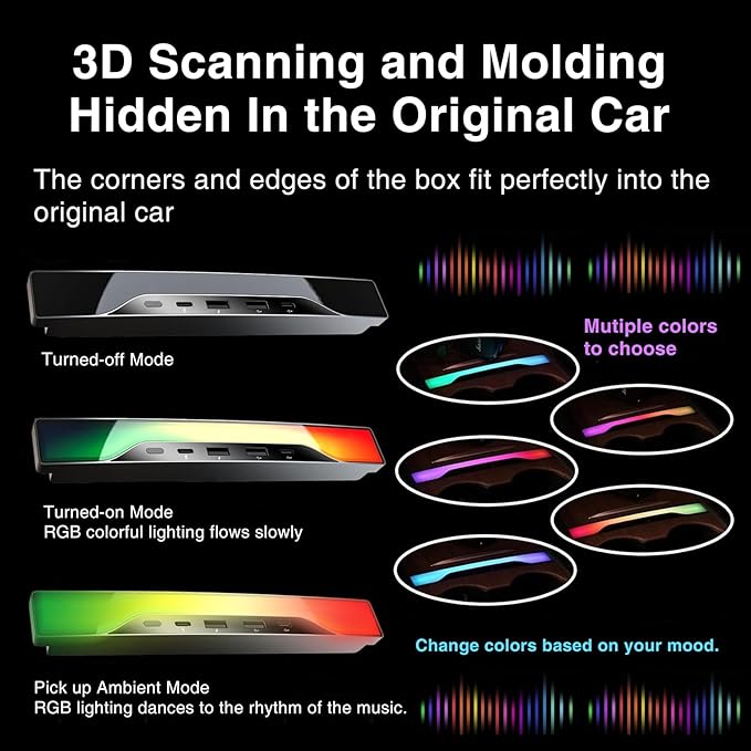 for Tesla RGB Light USB Hub with Model 3 Model Y 2021 2022 2023 2024 Car USB Charger Multi Port Interior Accessories Fit for Tesla Center Console Docking Station (Colorful)