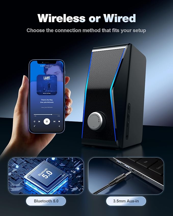 Nylavee Computer Speakers Hi-Fi Stereo Sound PC Speakers with Bluetooth 5.0 and 3.5mm AUX-in 14W AC Powered Built-in Equalizer Modes and RGB Lights for Desktop PC Monitor Laptop PS5 Xbox
