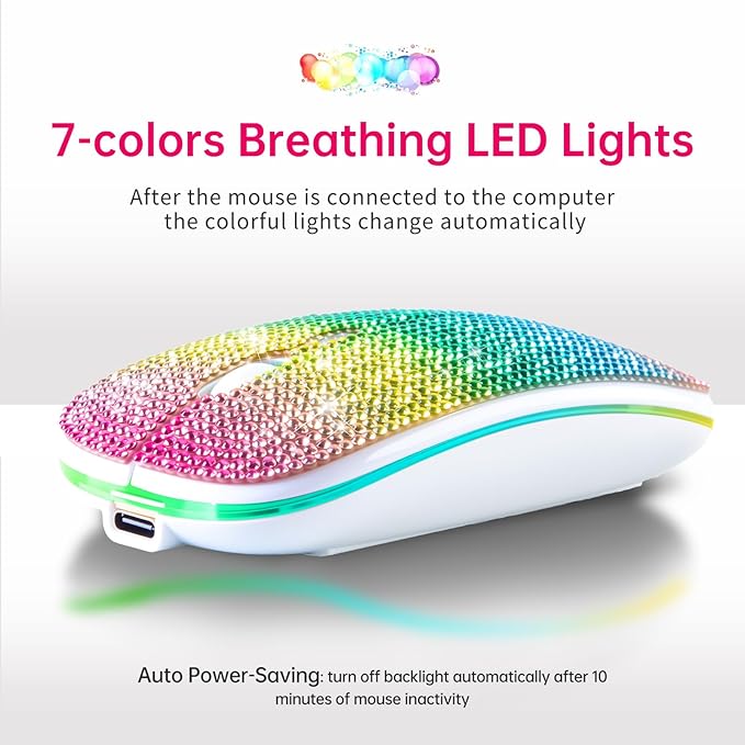 HXMJ Bling Dazzling Rechargeable 2.4G Wireless+Bluetooth MouseCovered with Crystal Diamond RhinestoneRGB BacklitGreat Gift idea for Her (Multicolor)