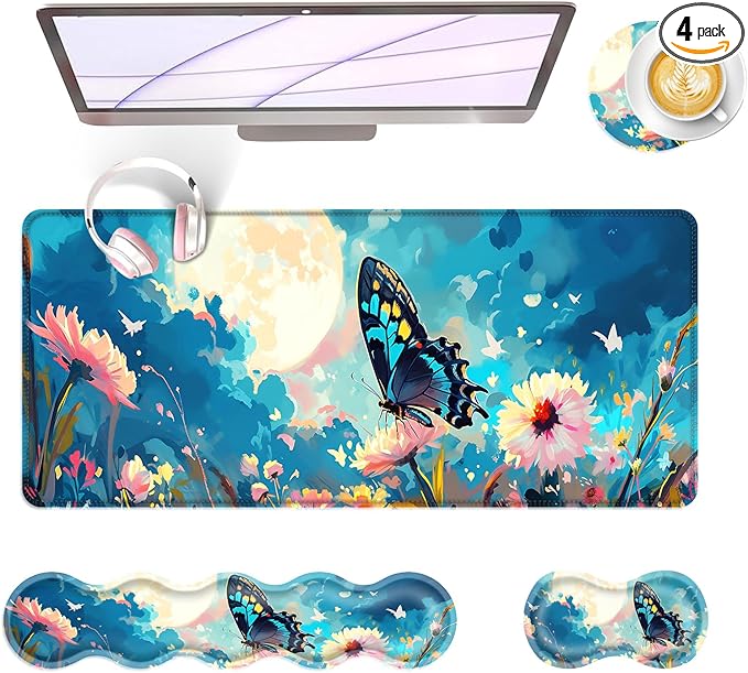 Large Keyboard Mouse Pad Set Extended Mouse Pad+Keyboard Wrist Rest Support Memory Foam Ergonomic Easy Typing 4Pcs (31.5×11.8 in) Desk Pad Set for Office HomeFlowers and Butterflies