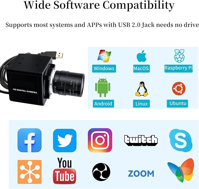 Magnolia 5MP HD USB Camera with 2.8-12mm Varifocal Manual Lens 4X Optical Zoom Webcam with OV5640 Sensor 1944P Computer Camera for PC/Laptop/Raspberry Pi