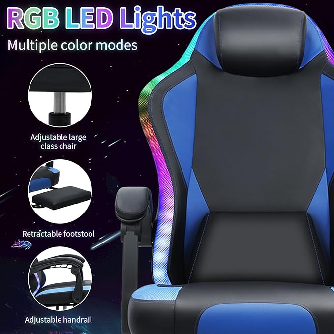 Gaming ChairComputer Gaming Chair for Adults and Kids Ergonomic Computer Chair for Girl with Footrest and Headrest Comfortable Reclining PC Game Chair High Back Music Video Chair Blue