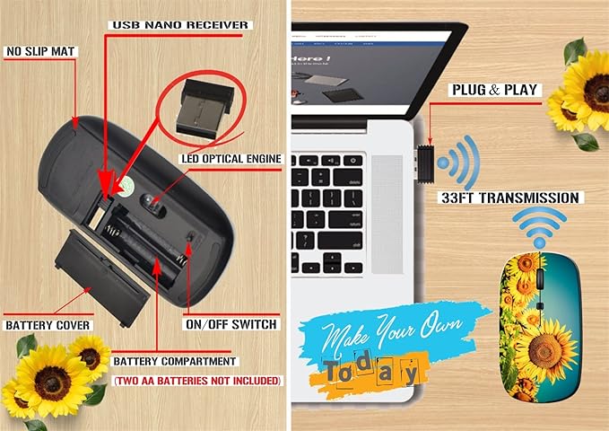 maizi Mouse Wireless for Mac Computer Personal Laptop Mice Wireless Image ID: 30002156 Sunflower Field Under Lightweight 2.4G with USB Receiver Printed in USA