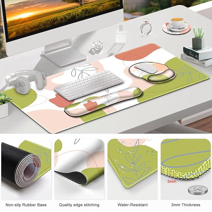 Gaming Mouse Pad Large Desk Mat Cute Desk Pad Protector 4 in1 XXL Mousepad + Keyboard Wrist Rest+Mouse Wrist Rest+Coaster Set with Ergonomic Desk Pad for Home Office Table Computer Pink Rose