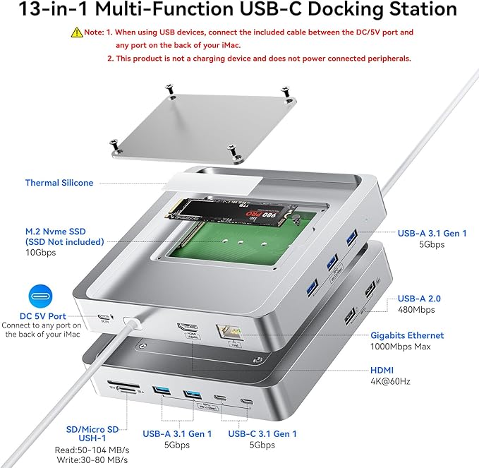 13-Port USB C Hub for iMac 24 inch 2021/2023/2024 iMac Accessories for iMac M1/M3/M4 iMac USB Hub with 5 USB-A &amp 2 USB-C 3.0 Ports 4K@60Hz HDMI 1Gbps Ethernet SD/TF M.2 NVME SSD (Not Include