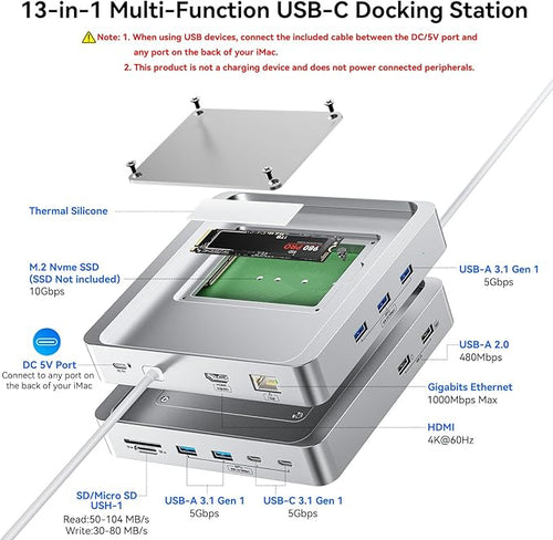 13-Port USB C Hub for iMac 24 inch 2021/2023/2024 iMac Accessories for iMac M1/M3/M4 iMac USB Hub with 5 USB-A &amp 2 USB-C 3.0 Ports 4K@60Hz HDMI 1Gbps Ethernet SD/TF M.2 NVME SSD (Not Include