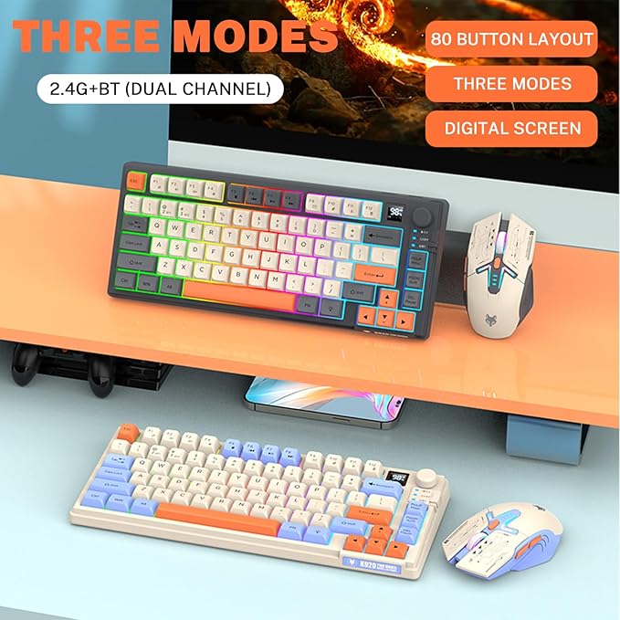 75 ％ Wireless Gaming Keyboard and Mouse Combo Tri-Mode BT5.0/2.4GHz/USB-C RGB Backlit Keyboard + 3D 1600DPI Mice 2000mAh Battery 80 Keys Knob Volume Control (Black)