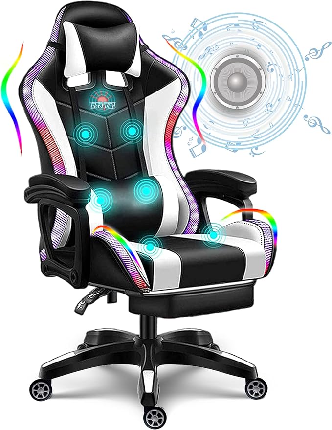 Big And Tall Gaming Chair with LED Light And Speakers High-Back Video Game Chair Ergonomic Computer Chair Full Massager Recliner Chair with Footrest And Lumbar Support Heavy Duty Office ChairW
