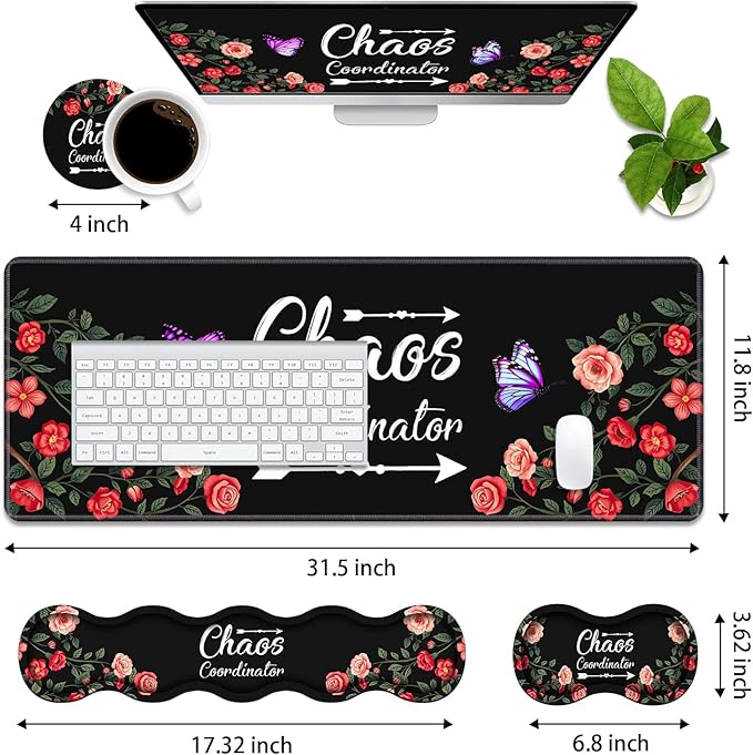 4 in 1 Ergonomic Memory Foam Mouse Pad Wrist Rest Set Large Gaming Desk Pad + Keyboard Wrist Rest + Mouse Wrist Cushion + Coaster for Home Office Study Gaming Colored Floral Quote Chaos Coordinator