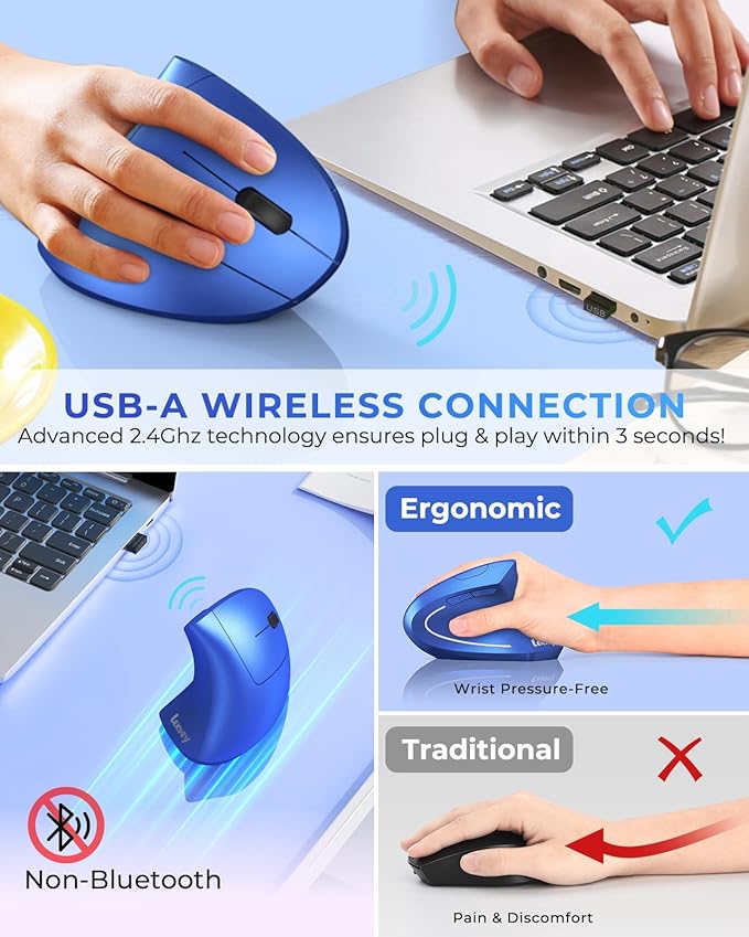 Lekvey Ergonomic Mouse Vertical Wireless Mouse Rechargeable 2.4G USB Optical Carpal Tunnel Mice : 3 DPI 800/1200/1600 Levels 6 Buttons for Laptop PC Mac Computer Desktop Notebook etc Blue
