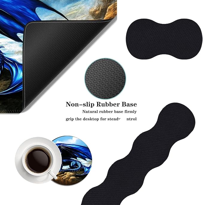 Mouse PadLarge Desk Mat Set 4in1 XL Mousepad + Keyboard Wrist Rest+Mouse Wrist Rest+Coaster with Ergonomic Desk Pad for Home Office Table Computer Cover -Blue Dragon on Seaside Rocks
