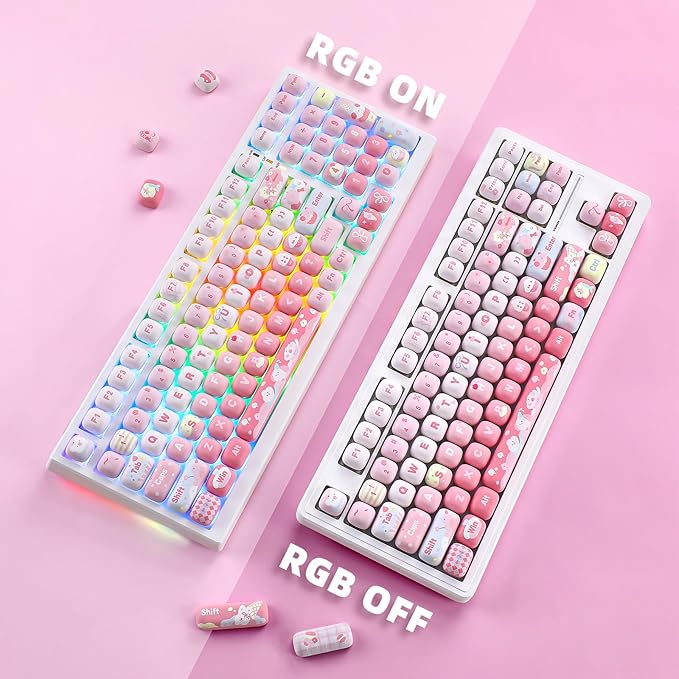 YUNZII Cute Pink Ice Cream Custom Keycaps 138 Keys Dye Sub PBT MOG Profile Keycap Set for Mechanical Gaming Keyboards (Pink Ice Cream)