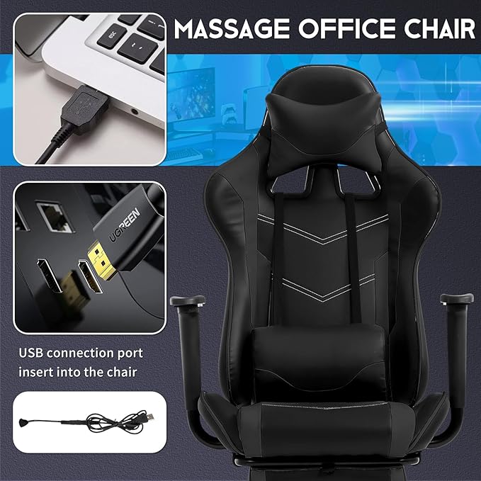 BLKMTY Massage Gaming Chair with Footrest Ergonomic Office Chair Racing Computer Chairs PU Leather with High Back Lumbar Support Headrest Reclining Chairs Black