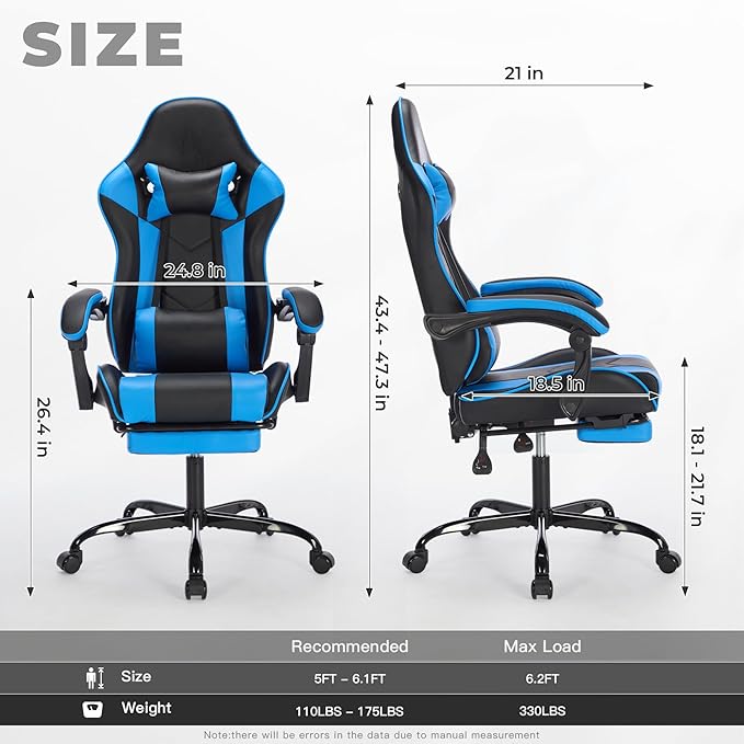 Ergonomic Gaming Chair Racing Style - High Back Gamer Chair with Footrest Adjustable Lumbar Massage Linkage Armrests &amp 90-135° Recline - Leather Computer Game Chair for Adults Black+Blue