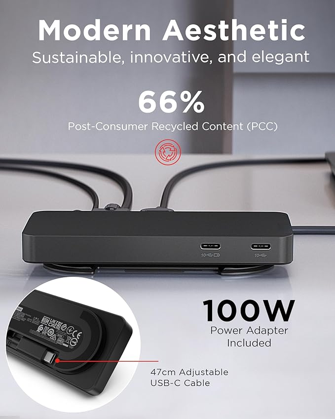 Lenovo USB-C Dual Display Travel Dock w/ 100W Power Adapter - 7 Ports Integrated USB-C Cable Universal Compatibility Dual Displays at 4K - Black