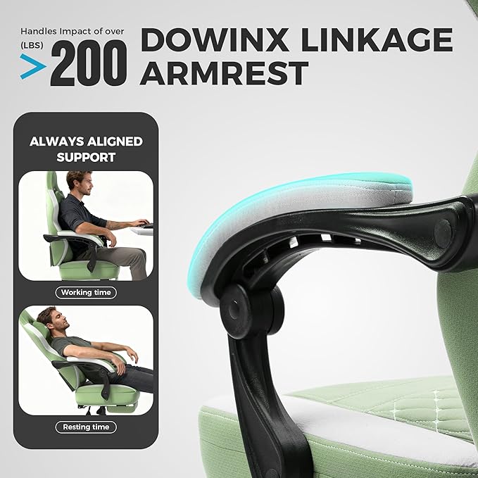 Dowinx Gaming Chair Breathable Fabric Game Chair with Gel Pad and Storage Bag Comfortable Gamer Chair with Pocket Spring Cushion Ergonomic Computer Chair with Footrest Green