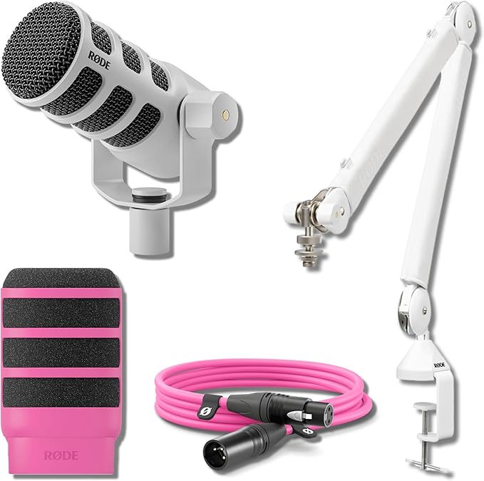 Rode PodMic USB Dynamic Broadcast Microphone (White) with Rode PSA1+ Professional Studio Boom Arm (White) Rode Premium XLR Cable and Pop Filter (10' Pink)