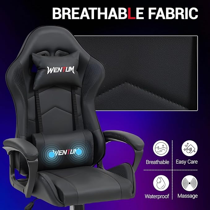 Ergonomic Massage Gaming Chair — High-Back Reclining Office Chair with Lumbar Support for Adults Height Adjustable PU Leather Black