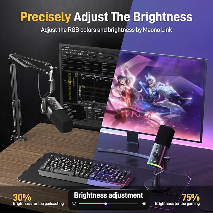 MAONO USB/XLR Podcasting Microphone for PC Gaming Streaming Dynamic Mic with Mute Button RGB Desktop StandComputer Mic for Video Studio Recording-PD100XBlack