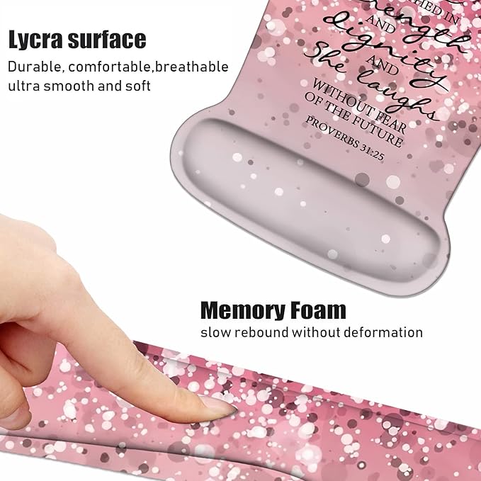 Keyboard Wrist Rest and Mouse Wrist Rest Pad Set with Coasters Ergonomic Support Non-Slip PU Base Easy Typing &amp Relieve Wrist Pain for Home Office Working Studying Pink Bible Verse Proverbs 31