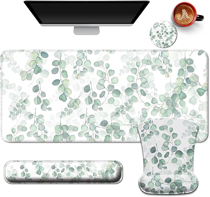 Desk Mat Set + Keyboard and Mouse Pad with Wrist Rest Support4-in-1 Large Mousepad Computer Mats for Desktop Home &amp Office -Eucalyptus