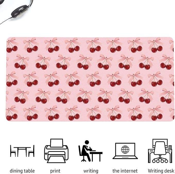 Cute Bow Cherry Pink Extended Gaming Keyboard Mouse Pad Non-Slip Leather Home Office Desk Mat Protector Laptop Desk Pad Writing Pad