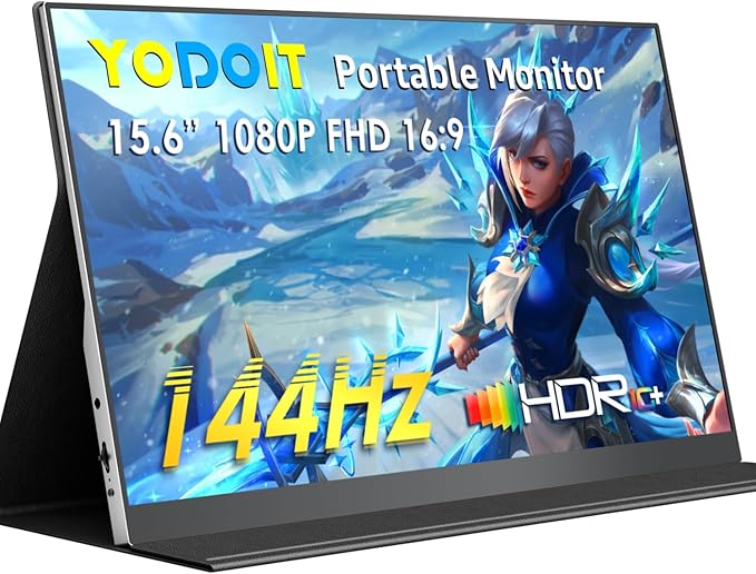 Yodoit Portable Monitor 144Hz 15.6Inch - 1080P Gaming Screen for Laptop IPS Display with USB Type C Port and Speakers with Smart Cover Metal Compatible with PC MacBook Xbox (Black)
